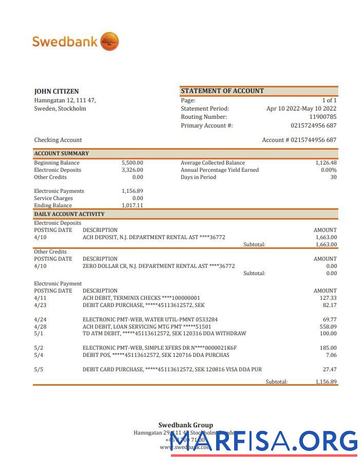 Blank Sweden Swedbank bank statement excel example
